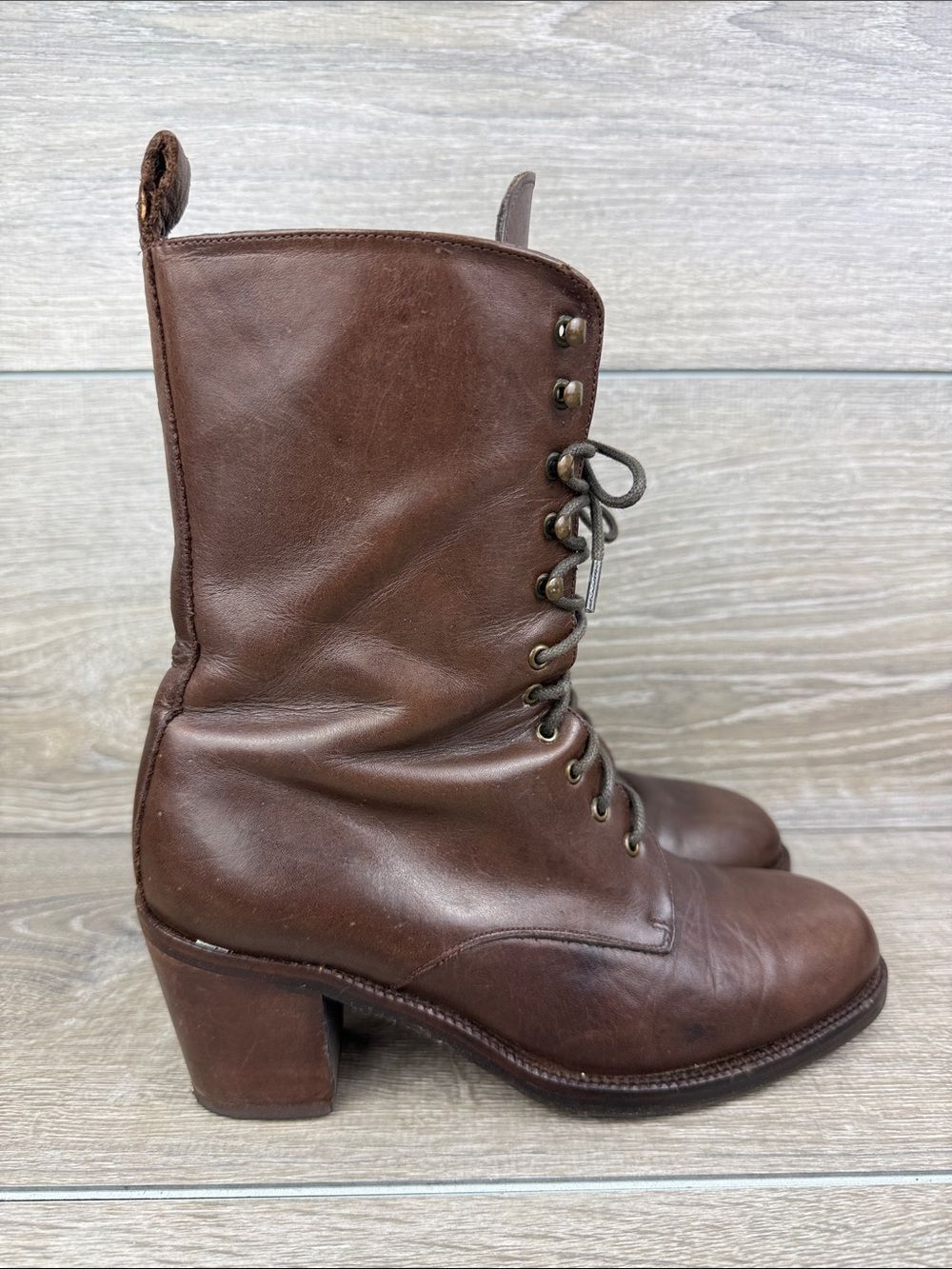 Charles David Women’s Sz 7.5 Brown Leather Heeled Granny Witchy Vtg Lace Up Boot